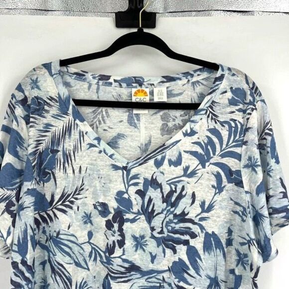C&C California Women's Linen Floral Leaf Print Short Sleeve Top Blue Size 2X - Picture 9 of 11